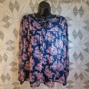 Your Story size small dark blue with maroon floral tie front blouse.